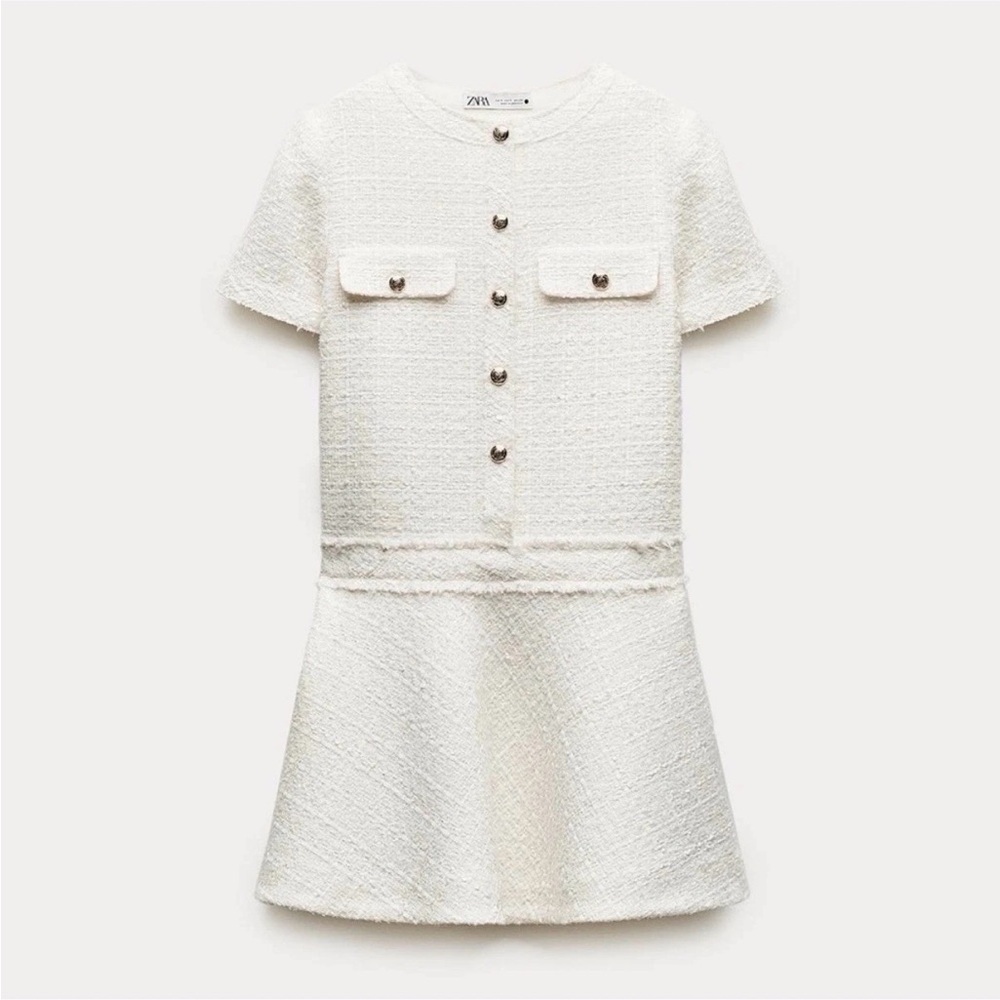 Zara Ivory Tweed Button-Front Mini Dress